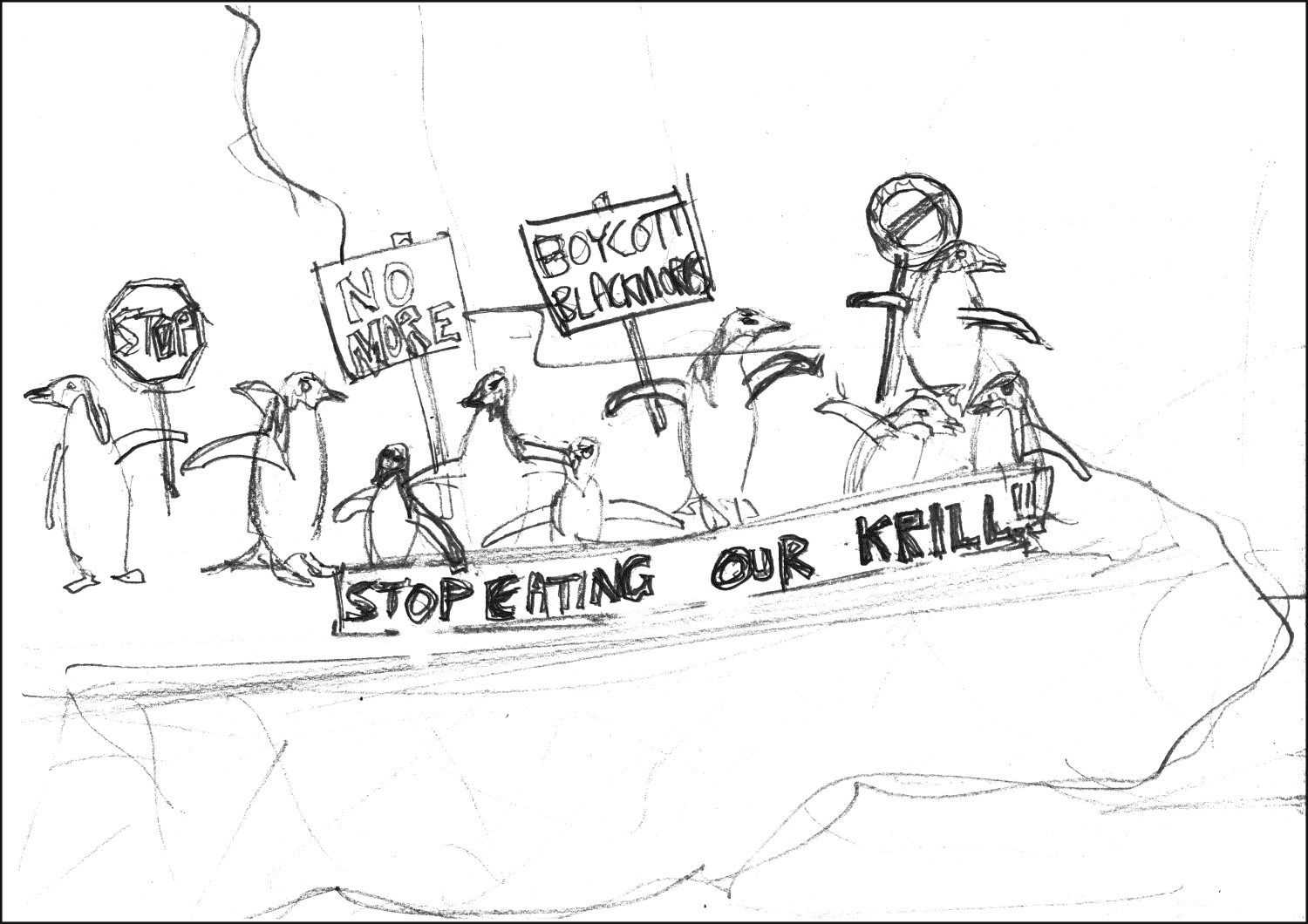 sea shepherd operation krill campaign penguins on strike rough thumnail comp sketch