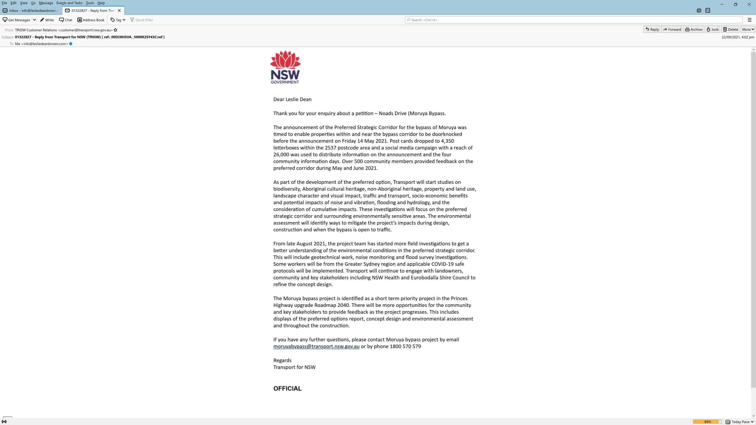 Reply from Transport for NSW regarding Moruya bypass petition